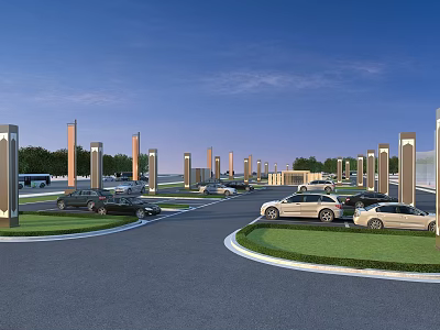 Modern Parking Lot With Parked Cars Pillars And Green Grass Areas 3d model