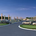 Modern Parking Lot With Parked Cars Pillars And Green Grass Areas