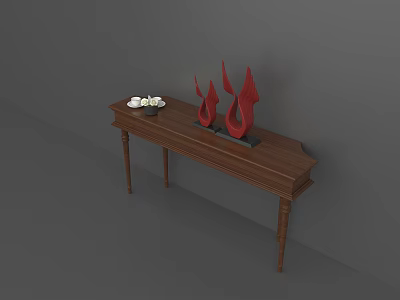 Elegant Wooden Entryway Console Table With Red Decorative Sculptures And White Ornaments 3d model