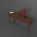 Elegant Wooden Entryway Console Table With Red Decorative Sculptures And White Ornaments