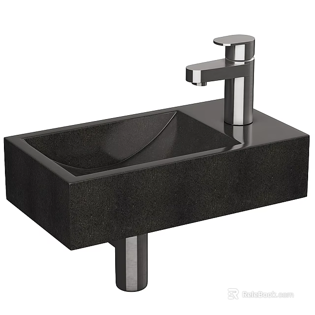 Modern Black Square Washbasin with Silver Faucet and Stone Material Pedestal Design 3d model 