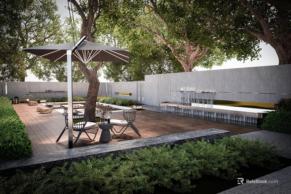 Serene Courtyard Garden Design With Wooden Deck Umbrella Tables Chairs And Green Plants 3d model 