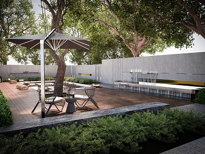 Serene Courtyard Garden Design With Wooden Deck Umbrella Tables Chairs And Green Plants 3d model