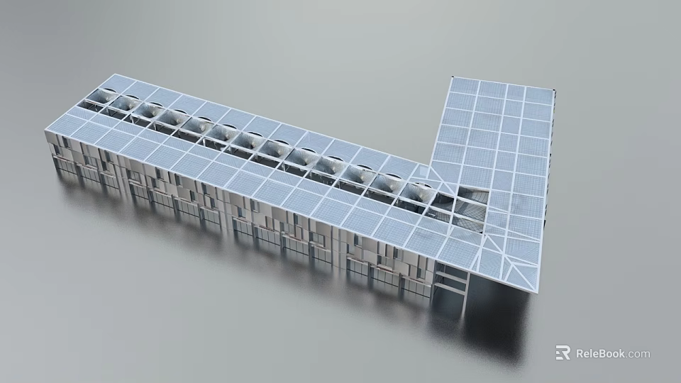 Modern Commercial Street With Solar Panel Roof And Multiple Storefronts 3d model 
