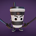 Fierce Anthropomorphic Coffee Cup Character With Black Lid Wielding Samurai Swords On Purple Background