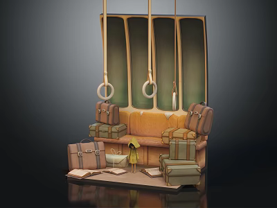 Cartoon Scene with Suitcases on Bench Green Panels and Hanging Rings 3d model