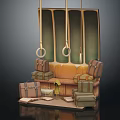 Cartoon Scene with Suitcases on Bench Green Panels and Hanging Rings