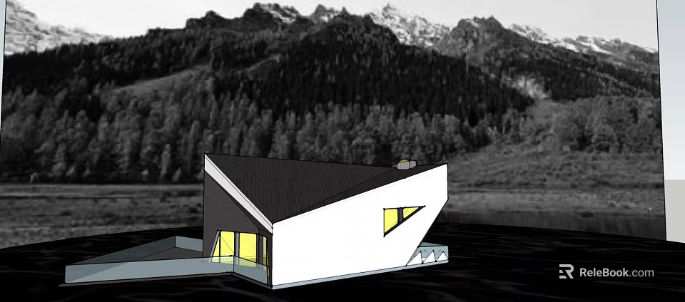 Modern Architectural House White Black With Sloped Roof Yellow Windows Mountain Forest View 3d model 