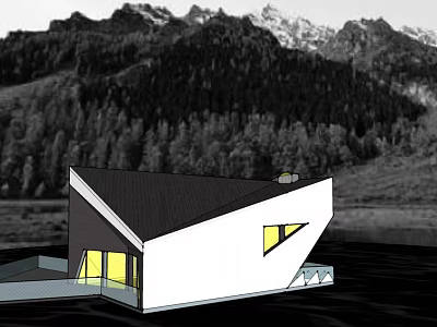 Modern Architectural House White Black With Sloped Roof Yellow Windows Mountain Forest View 3d model