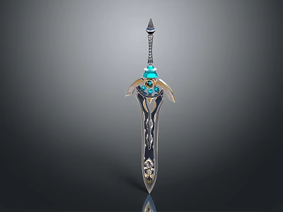 Ornate Decorative Sword With Blue Gemstone Hilt And Intricate Metallic Blade Design 3d model