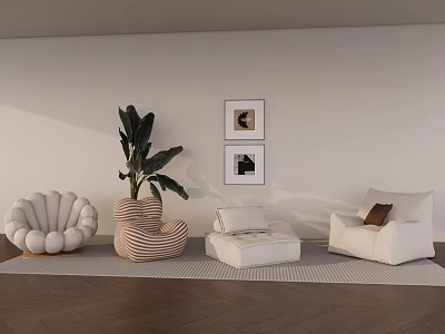 White Single Sofa With Green Plant Wall Art Ottoman And Striped Rug On Wood Floor 3d model