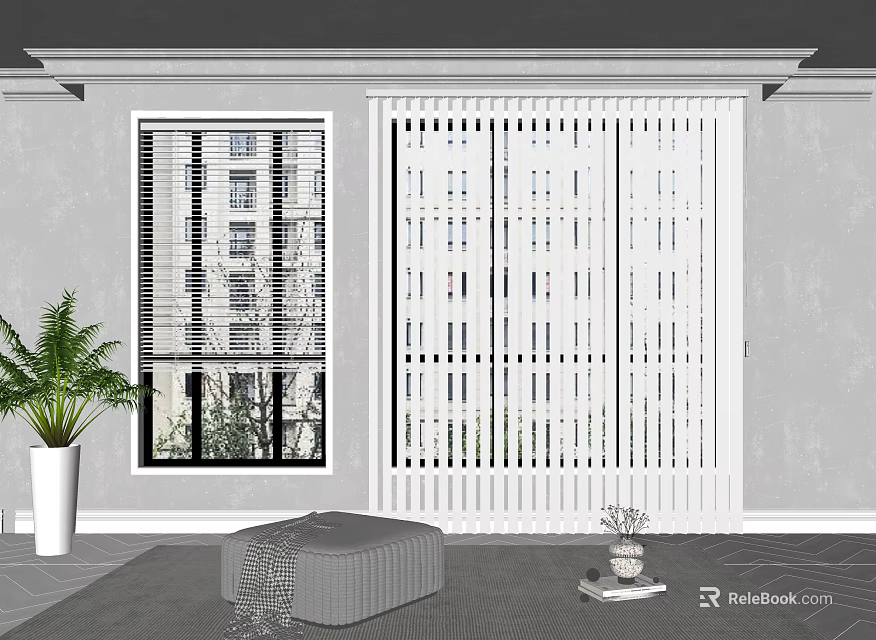 Modern Interior With Venetian Blinds Window Green Plant And Grey Ottoman 3d model 