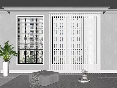 Modern Interior With Venetian Blinds Window Green Plant And Grey Ottoman 3d model