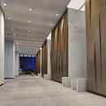 Office Hallway Featuring Brown Vertical Striped Walls White Ceiling Marble Reception Desk And Large Windows