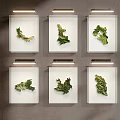 Six White Framed Wall Decor Pieces With Green Leaf Patterns On Gray Wall 3d model