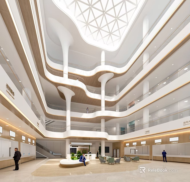 Hospital Outpatient Clinic Spacious Interior With Modern Design Skylight Ceiling And Multi Level Floors 3d model 