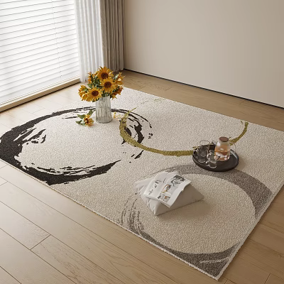 Square Rug with Black and Gold Circular Patterns Featuring Sunflower Vase Tray and Magazine 3d model