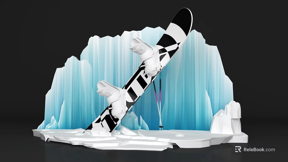 Winter Themed Photo Spot With Snowboard Iceberg And White Snow Piles 3d model 