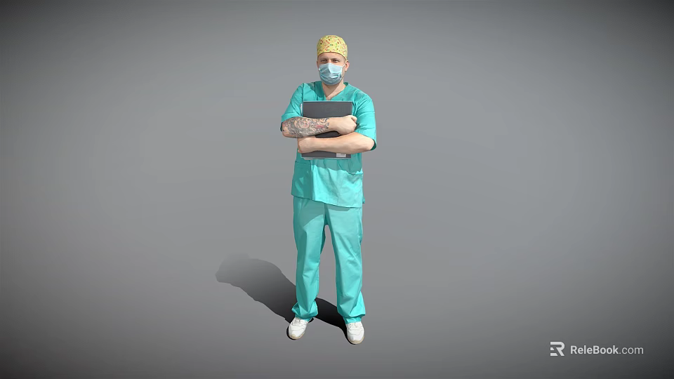Man in Green Surgical Scrubs Wearing Yellow Cap and Mask Holding Folder with Crossed Arms 3d model 