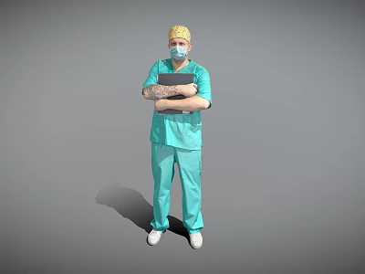 Man in Green Surgical Scrubs Wearing Yellow Cap and Mask Holding Folder with Crossed Arms 3d model