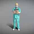 Man in Green Surgical Scrubs Wearing Yellow Cap and Mask Holding Folder with Crossed Arms