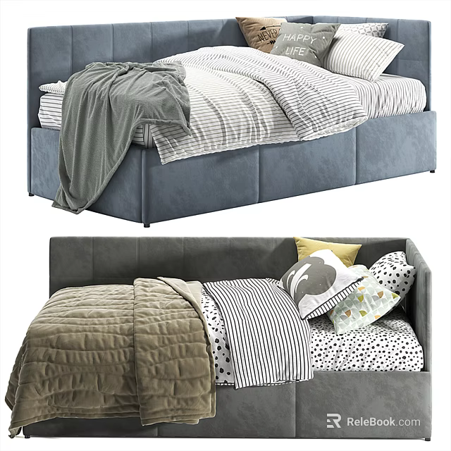 Cozy Blue And Gray Bed Frames With Striped Sheets Blankets And Pillows 3d model 
