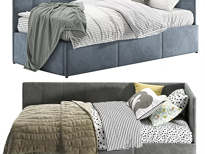 Cozy Blue And Gray Bed Frames With Striped Sheets Blankets And Pillows 3d model