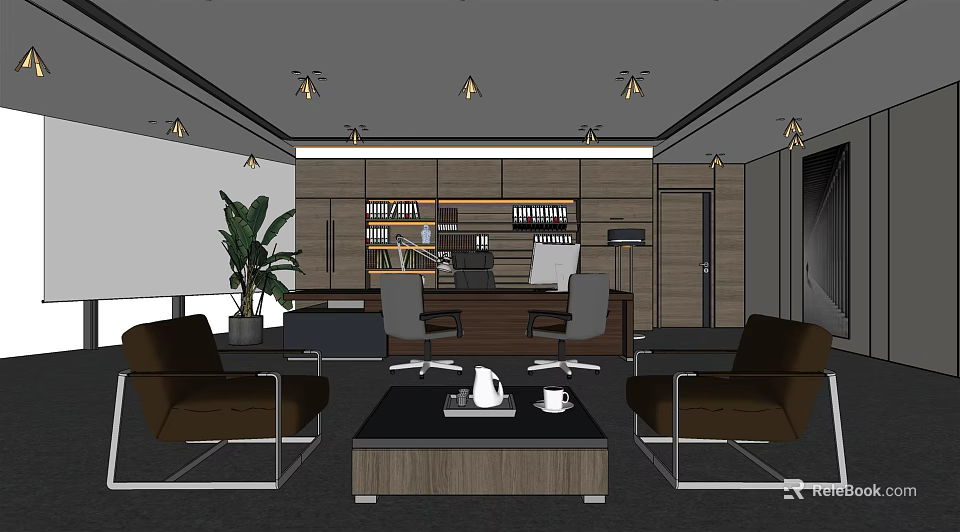 Modern Office Interior Design With Wooden Bookshelves Executive Desk Leather Chairs And Indoor Plant 3d model 