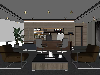 Modern Office Interior Design With Wooden Bookshelves Executive Desk Leather Chairs And Indoor Plant 3d model