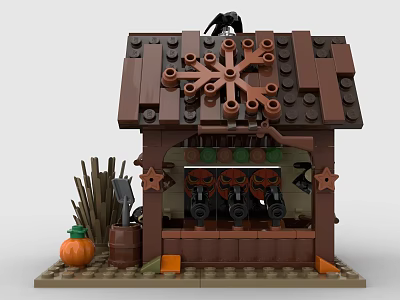 Lego Cabin Model With Snowflake Roof Decoration Pumpkin Hay And Wooden Bucket 3d model