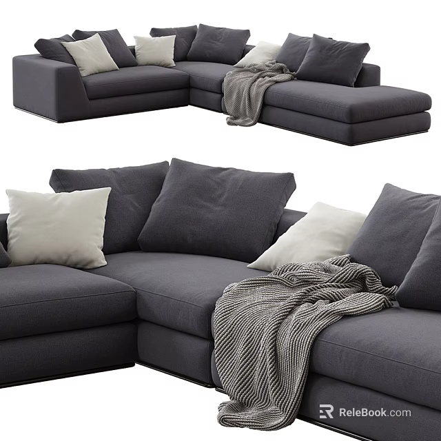 Modern Gray Sectional Sofa with White Pillows and Gray Throw Blanket 3d model