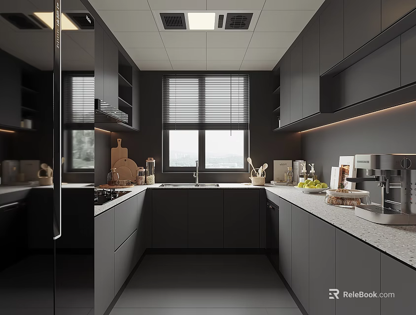 Modern Kitchen Interior With Gray Cabinets Stone Countertop Appliances And Window Blinds 3d model 