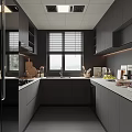 Modern Kitchen Interior With Gray Cabinets Stone Countertop Appliances And Window Blinds