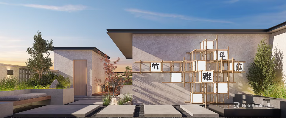 Elegant Bamboo Themed Architecture Exterior Featuring Traditional Chinese Characters And Stone Path 3d model 