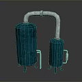 Blue Cylindrical Industrial Equipment With Silver Connecting Pipes And Base Supports