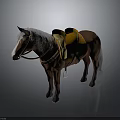 Brown Horse With Yellow And Green Saddle And White Mane On Gray Background