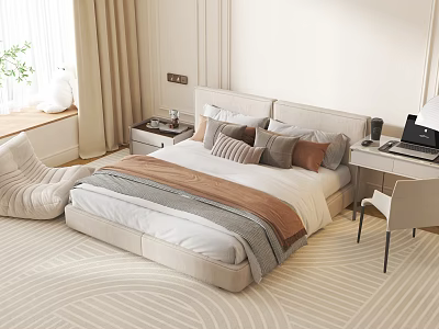 Modern Bedroom With Double Bed Light Colored Headboard Multiple Pillows Gray Brown Blankets Light Carpet 3d model