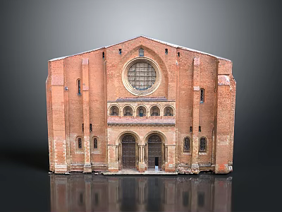 Red Brick Kitchen Design With Round Window And Arch Doorway 3d model