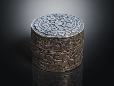 Antique Round Metal Box With Intricate Carved Patterns And Shiny Surface 3d model