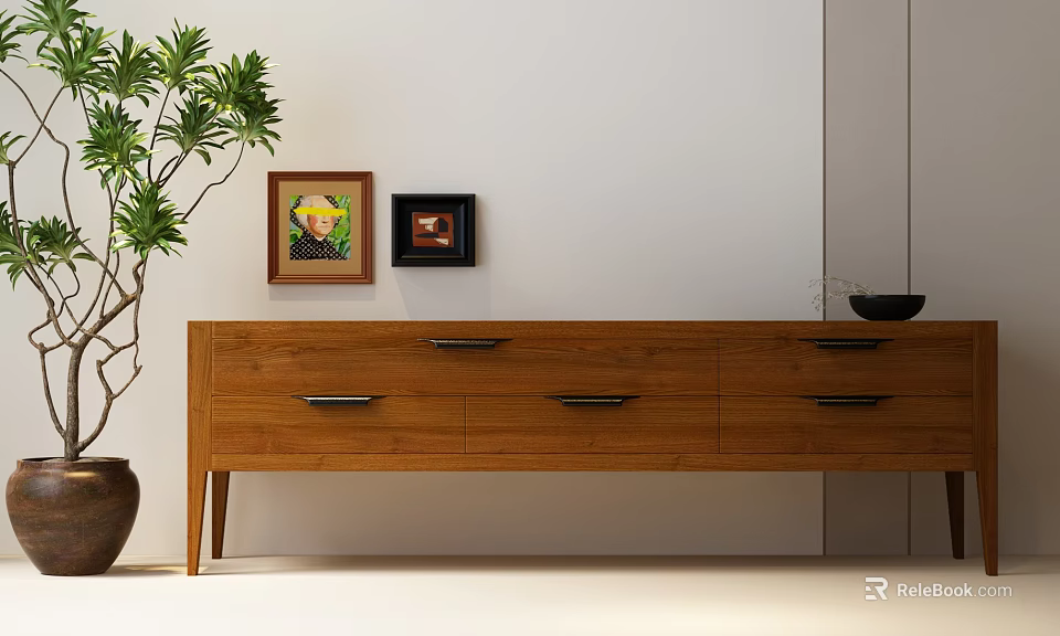 Modern Wooden TV Stand With Drawers And Potted Plant Nearby Wall Art 3d model 