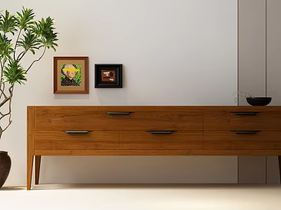 Modern Wooden TV Stand With Drawers And Potted Plant Nearby Wall Art 3d model