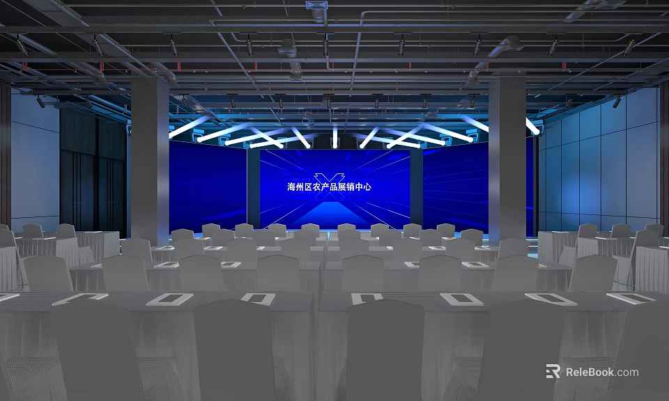 Conference Room Interior With Large Blue Screen Neatly Arranged White Tables And Chairs 3d model 