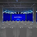 Conference Room Interior With Large Blue Screen Neatly Arranged White Tables And Chairs