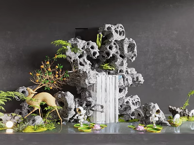 Decorative Garden Ornament Scene With Rockery Waterfall Deer Figurine And Green Plants 3d model