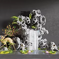Decorative Garden Ornament Scene With Rockery Waterfall Deer Figurine And Green Plants