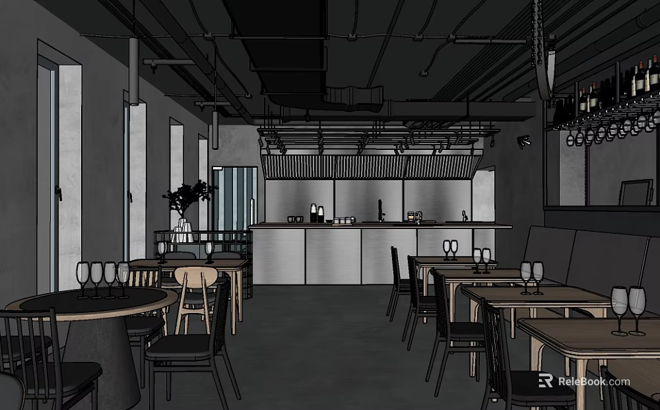 Modern Restaurant Interior Design With Tables Chairs Bar Counter And Windows 3d model