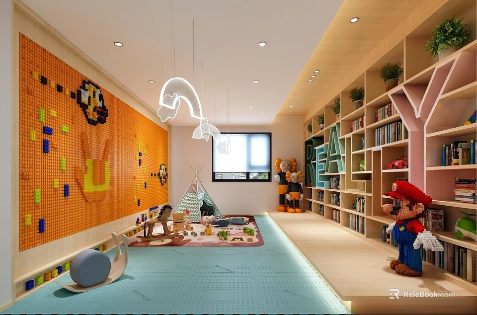 Colorful Kids Playroom Interior With Orange Mosaic Wall Blue Floor Toys Slide And Bookshelves 3d model 