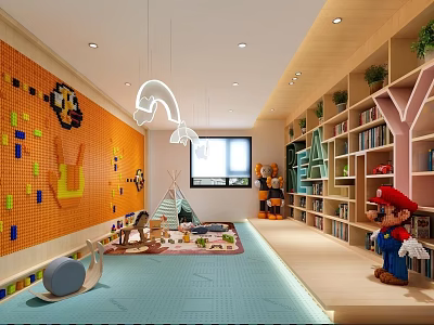 Colorful Kids Playroom Interior With Orange Mosaic Wall Blue Floor Toys Slide And Bookshelves 3d model