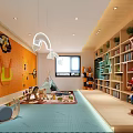 Colorful Kids Playroom Interior With Orange Mosaic Wall Blue Floor Toys Slide And Bookshelves