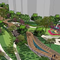 Waterfront Landscape with Wooden Walkway Curved Railings Lush Trees and Flowering Plants